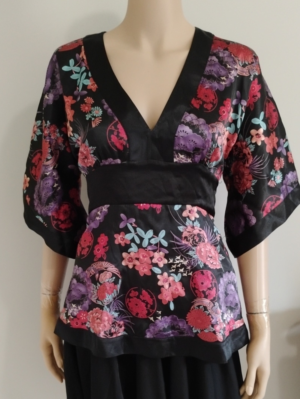 Vtg Bisou Bisou Y2K Floral Satin Kimono Top Asian Inspired Obi Waist Blouse S